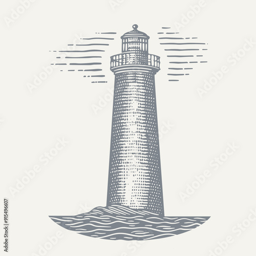 Lighthouse in the Sea. Vintage woodcut engraving style vector illustration.