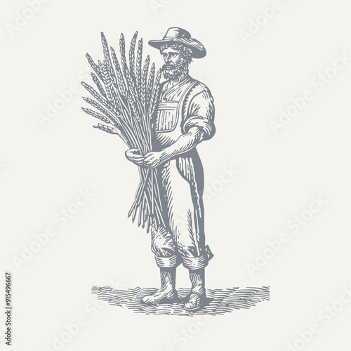 Man Holding Wheat. Vintage woodcut engraving style vector illustration.