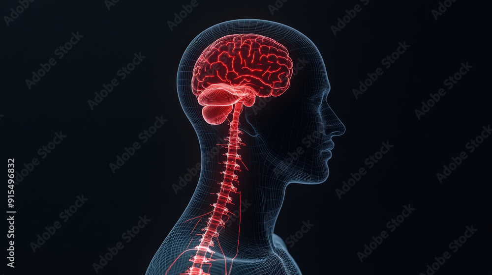Clean design with a holographic projection of a nervous system indicating pain points Clean design with a holographic projection of a nervous system indicating pain points