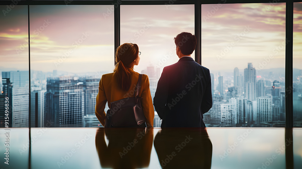 Fototapeta premium man and woman look at the city