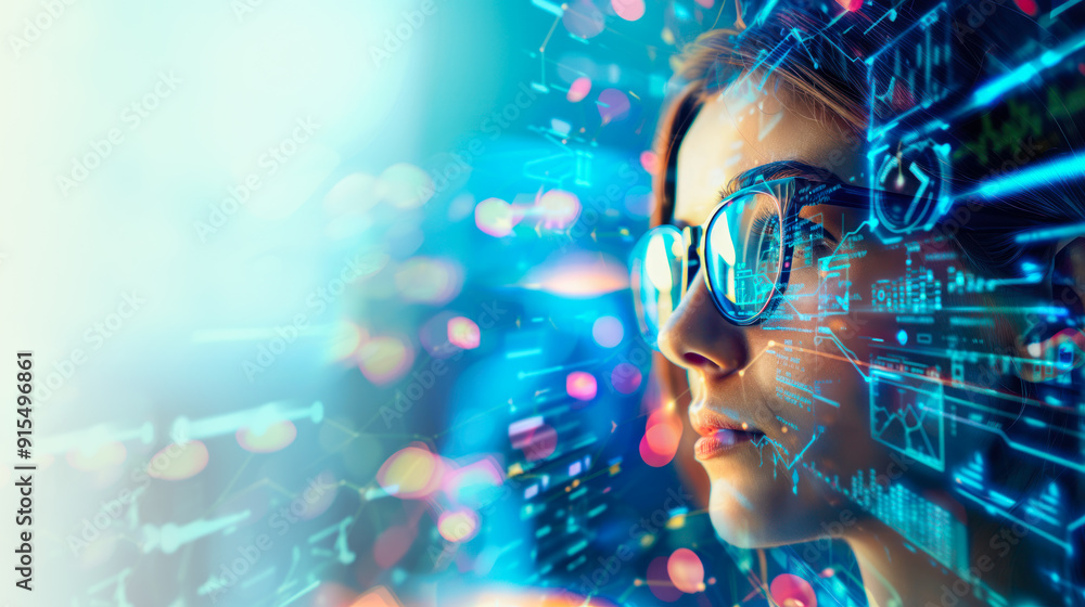 A woman in glasses examining digital interfaces with data overlaying her face. UX coding, big data analytics, artificial intelligence, technology, and innovation in high-tech environment. Copy space A woman in glasses examining digital interfaces with data overlaying her face. UX coding, big data analytics, artificial intelligence, technology, and innovation in high-tech environment. Copy space