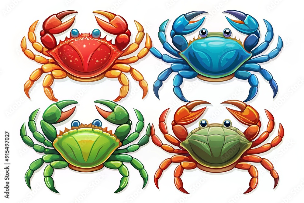 Colorful, isolated crab illustration in various poses, with customizable design elements, ideal for seafood, beach, or nautical themed projects and marketing materials. Colorful, isolated crab illustration in various poses, with customizable design elements, ideal for seafood, beach, or nautical themed projects and marketing materials.