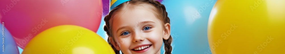 Joyful Celebration: A Young Girl with Blue Eyes, Braids, and a Party Hat Amidst a Sea of Colorful Balloons, Exuding Birthday Bliss and Happiness Joyful Celebration: A Young Girl with Blue Eyes, Braids, and a Party Hat Amidst a Sea of Colorful Balloons, Exuding Birthday Bliss and Happiness