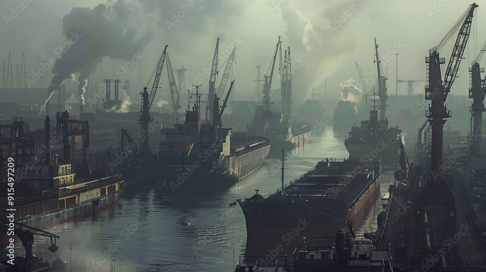 A busy shipyard with massive cargo ships being loaded and unloaded. A busy shipyard with massive cargo ships being loaded and unloaded.