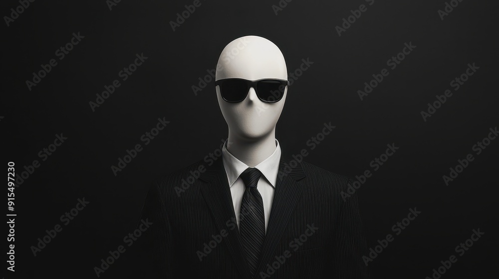 A mysterious mannequin wearing sunglasses and a suit against a dark background, embodying style and intrigue. A mysterious mannequin wearing sunglasses and a suit against a dark background, embodying style and intrigue.