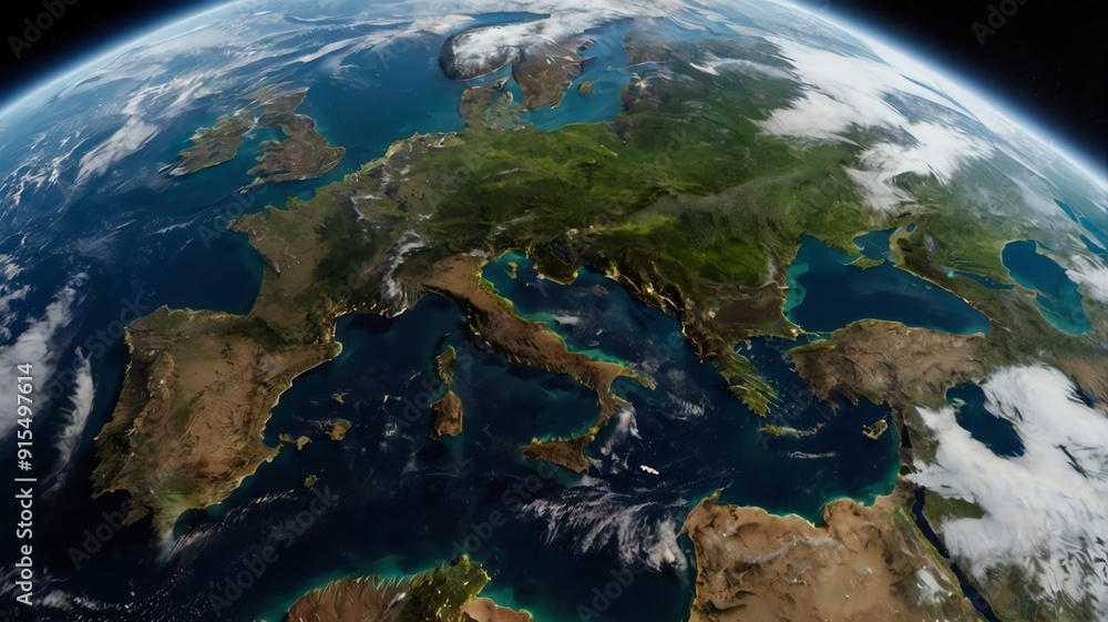 Fototapeta premium A satellite view of Europe at night, with many bright lights from cities