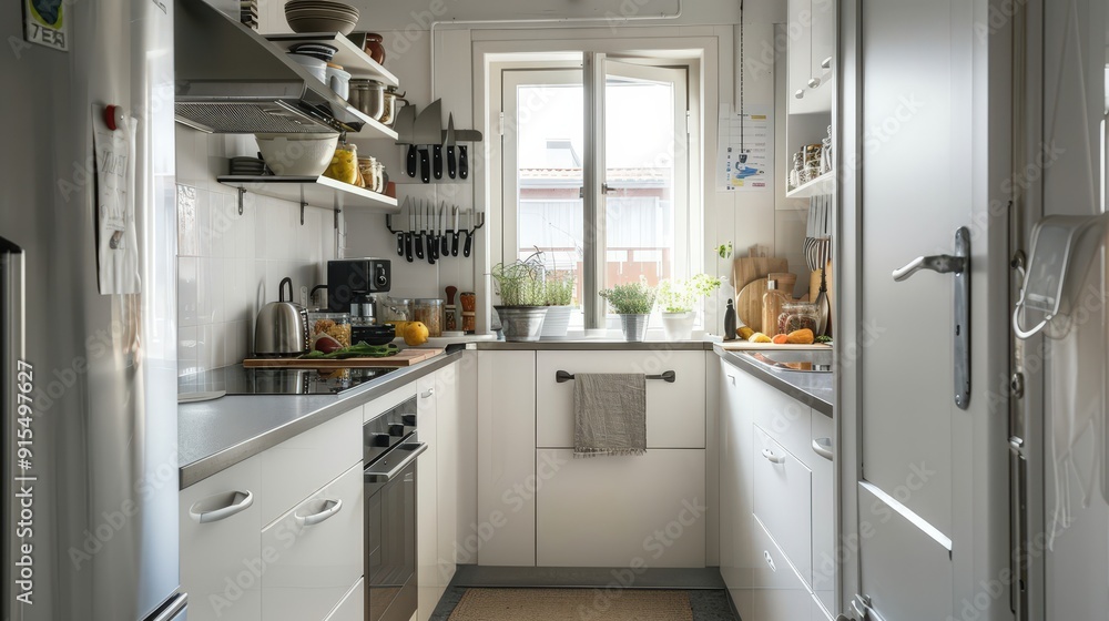 A small but efficient kitchen with compact appliances, clever storage solutions, and a well-organized layout. A small but efficient kitchen with compact appliances, clever storage solutions, and a well-organized layout.