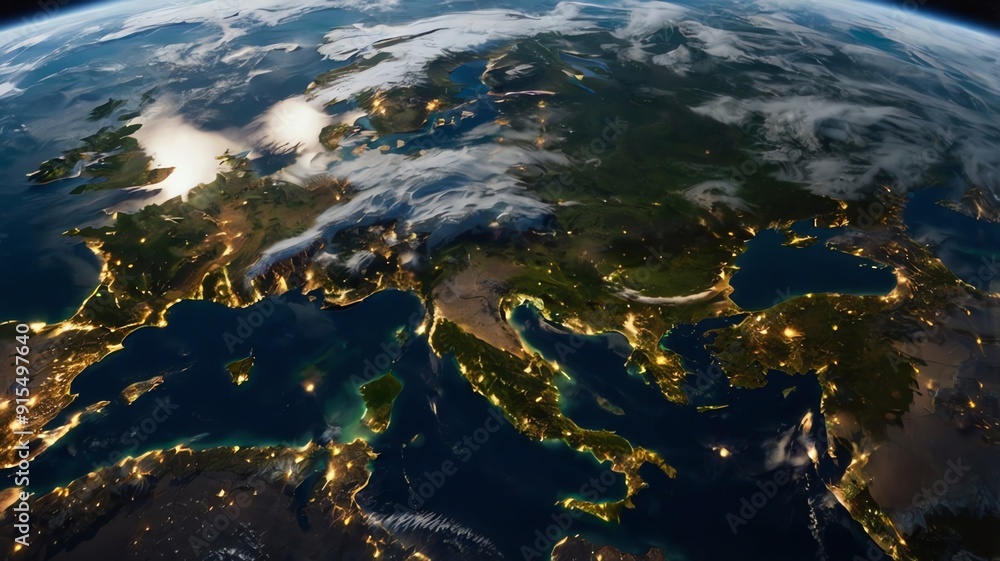 A satellite view of Europe at night, with many bright lights from cities A satellite view of Europe at night, with many bright lights from cities