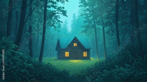 A forest scene featuring a cozy cabin illuminated by warm lights, surrounded by tranquil trees and mystical fog. photo