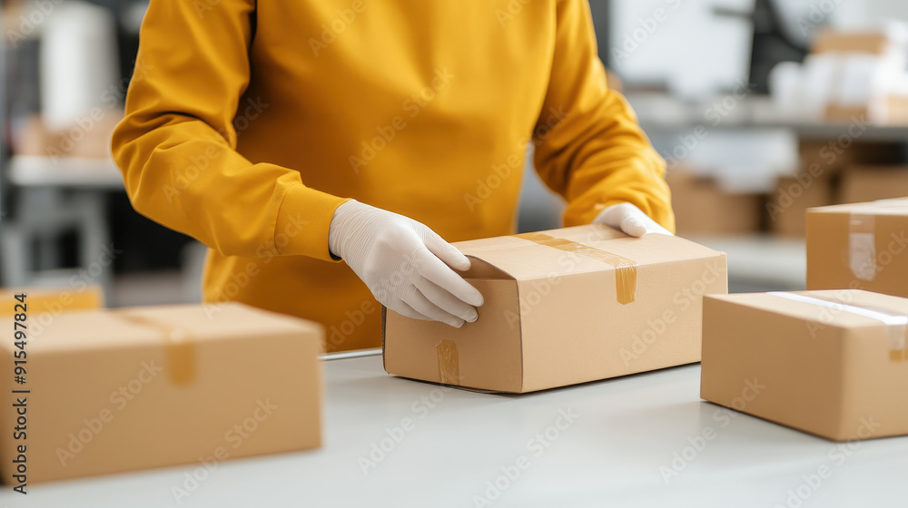 Modern packaging station with innovative materials, worker preparing parcels manually Modern packaging station with innovative materials, worker preparing parcels manually