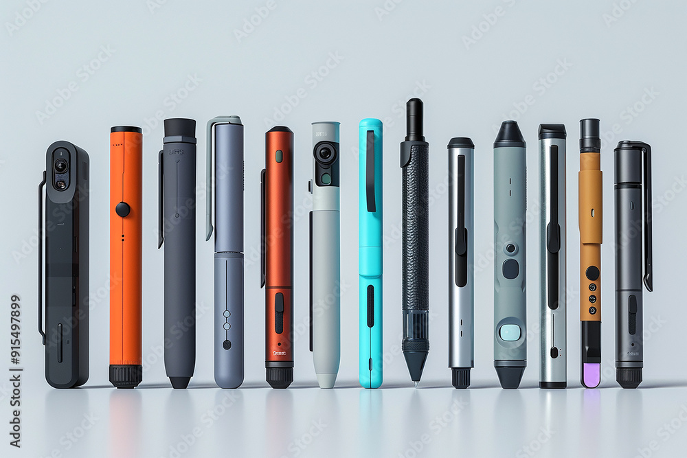 A group of pen and camera products, arranged in the same row with different colors and shapes, with streamlined body design A group of pen and camera products, arranged in the same row with different colors and shapes, with streamlined body design
