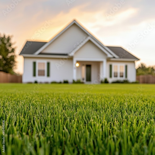 Suburban ranch-style house, low-pitched roof, expansive front yard