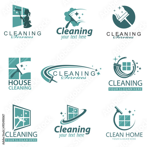 collection of cleaning service design with window glass squeegee isolated on white background