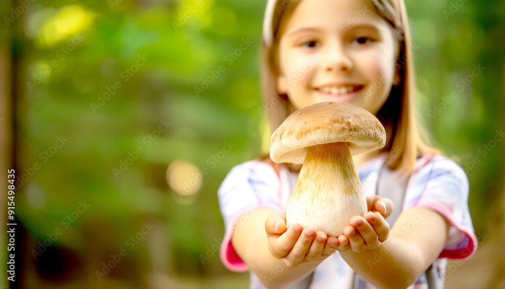 Fototapeta premium Kind hält Steinpilz in der Hand, Pilze Sammeln, Wald 