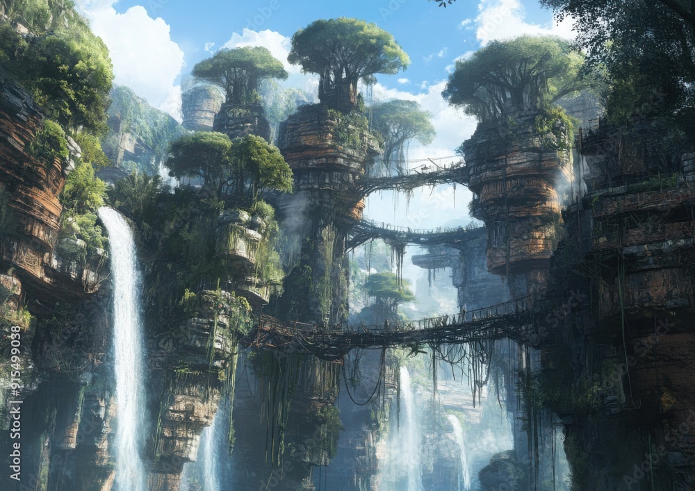 A fantastical landscape of floating islands, each with its own unique ecosystem, connected by vines and bridges A fantastical landscape of floating islands, each with its own unique ecosystem, connected by vines and bridges