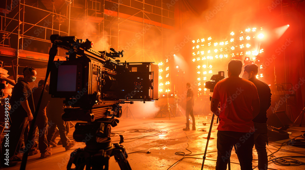Fototapeta premium A film crew working together on movie set in pavilion. In the Big Film Studio Professional Crew Shooting Blockbuster Movie. Director, Cameraman, shooting start, behind the scene, new season, premiere