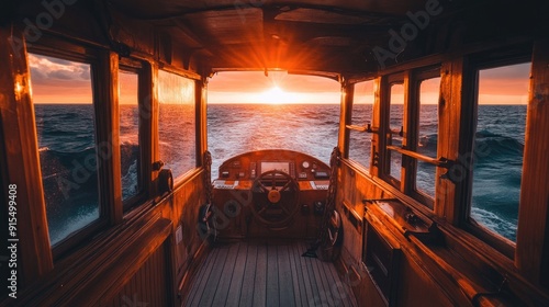 Sunset glow filtering into the cabin boat's interior, with the open sea visible from the entrance photo