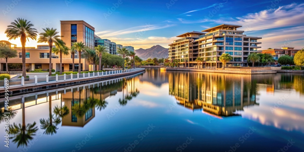 Fototapeta premium Scenic view of Scottsdale Waterfront with modern buildings and calm waters , Scottsdale, Waterfront, Arizona, USA, scenic, view