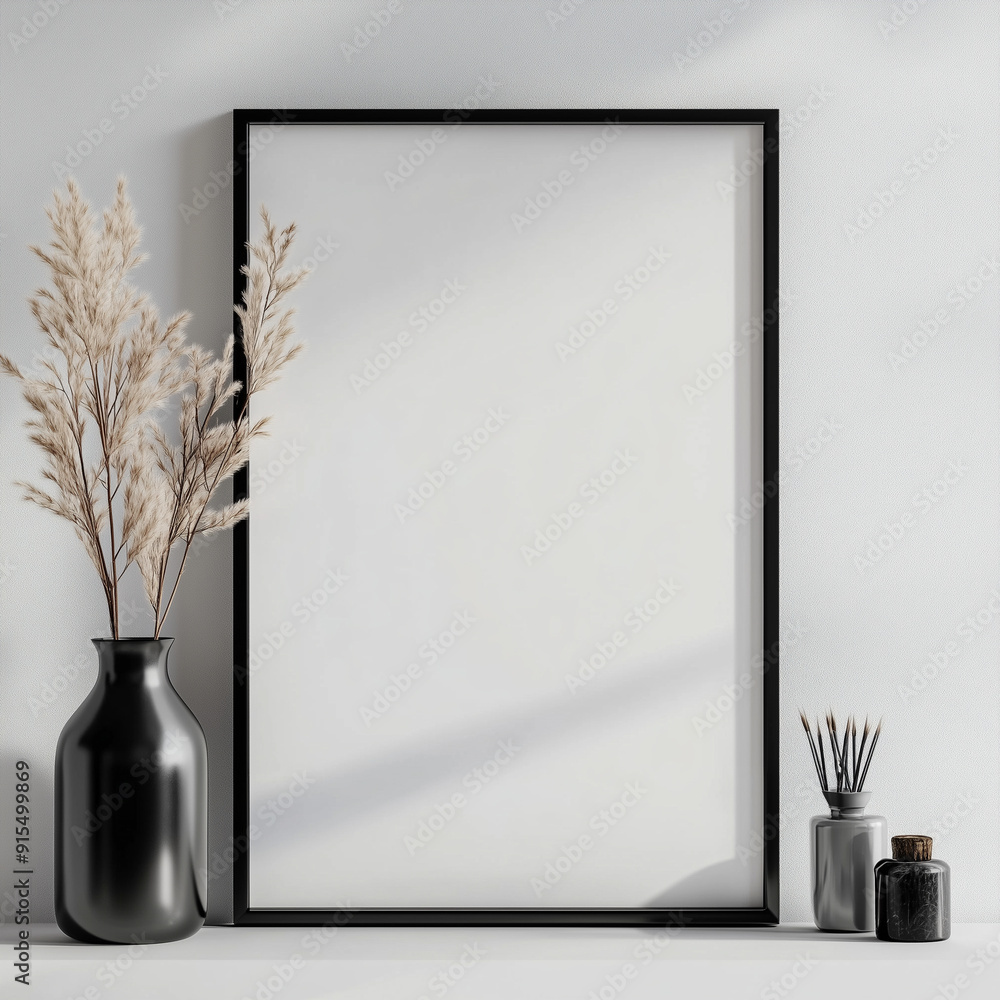 Black blank poster frame mockup with vases on table Black blank poster frame mockup with vases on table