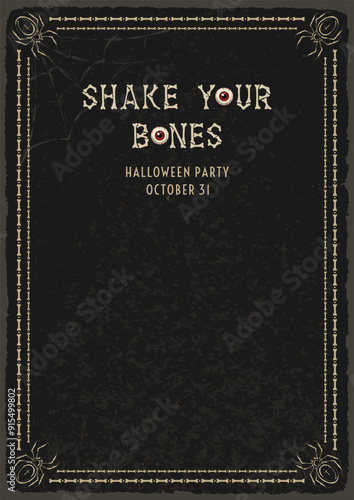 Vintage vertical frame made with spiders, bones. Black textured background with copy space. For Halloween, Dia de los Muertos holiday decoration. Template for menu, poster, invitation