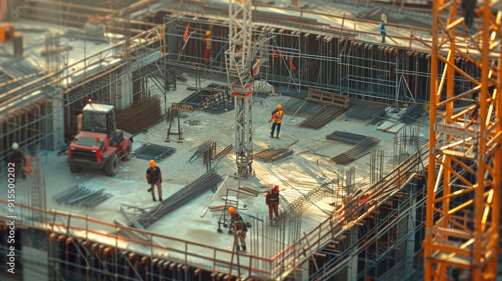 A dynamic construction site with cranes and workers in hard hats. A dynamic construction site with cranes and workers in hard hats.