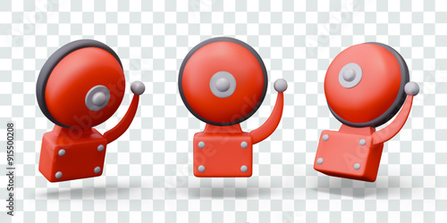 Red round electric fire alarm bell. Vector realistic device in different positions