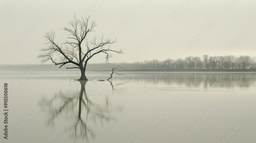 Foggy River Landscape with Silhouetted Tree. Foggy River Landscape with Silhouetted Tree.