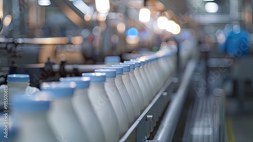 A dynamic dairy production line with milk being bottled and packaged.