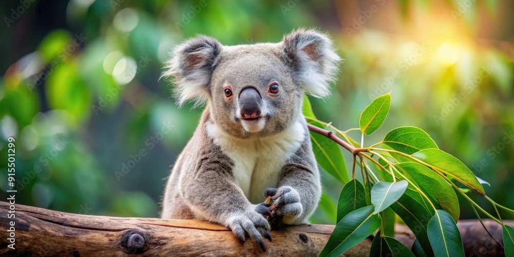 Fototapeta premium Cute koala sitting on branch eating leaf, koala, cute, animal, wildlife, branch, eating, adorable, furry, Australia, tree