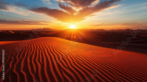 The sun setting over a serene desert, casting long shadows across the sand, highlighting its peaceful beauty