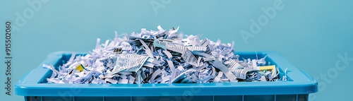 A blue bin filled with shredded paper, showcasing a cluttered scene ideal for recycling and waste management concepts.