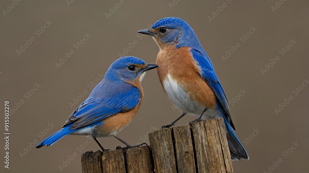 Fototapeta premium A wooden fence post. The bird on the left is looking at the bird on the right.