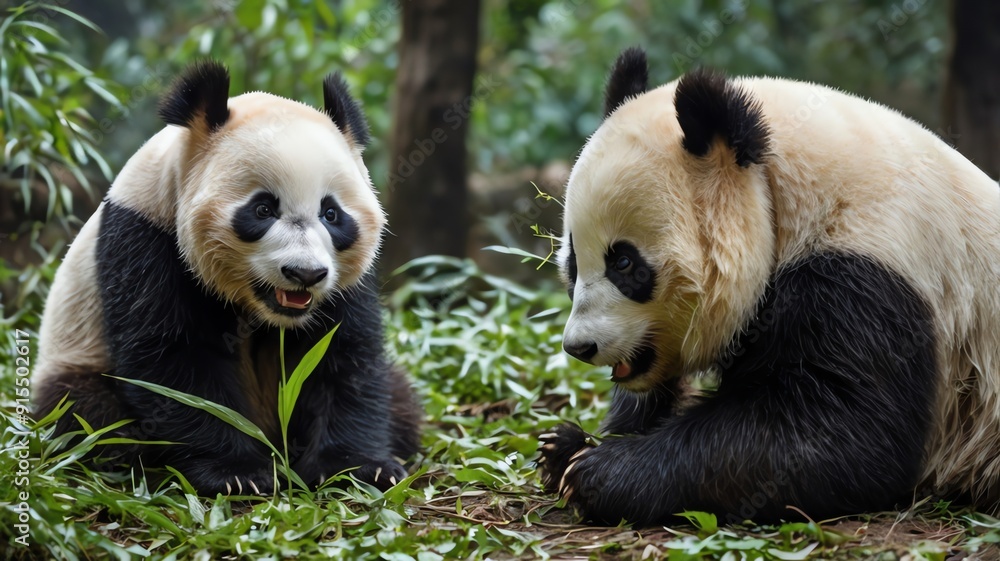 Fototapeta premium A grassy area. They are both eating bamboo.