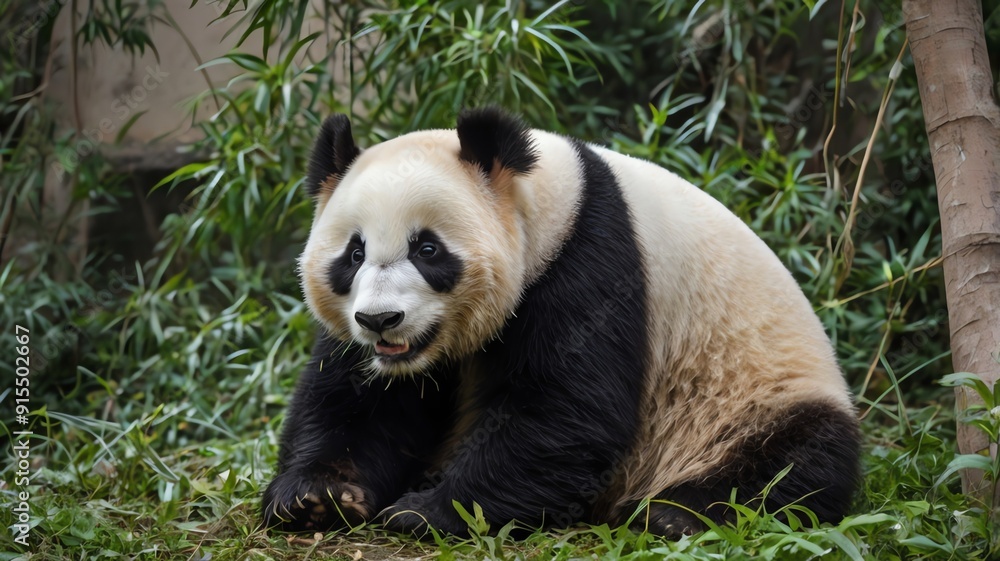 Fototapeta premium A grassy area. They are both eating bamboo.