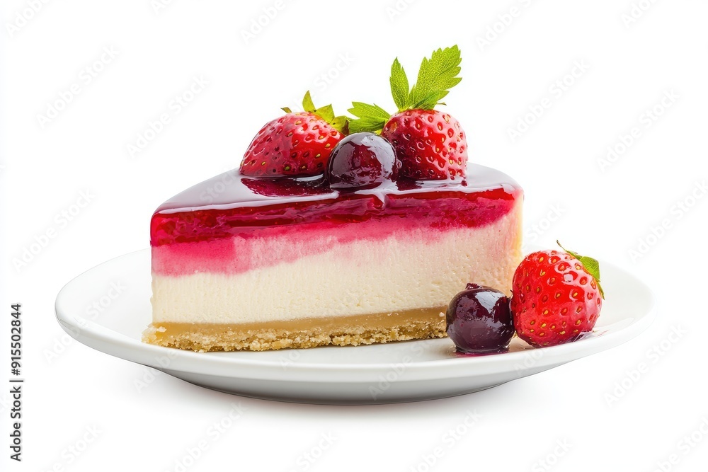 Strawberry Cheesecake Slice with Red Glaze and Berries Strawberry Cheesecake Slice with Red Glaze and Berries