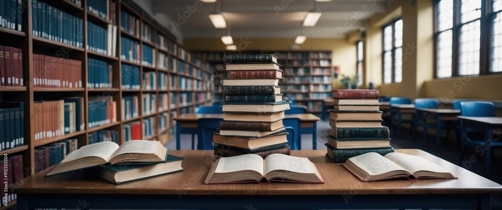 Stacks of books on desk in library with shelves full of literature, representing education and learning environment