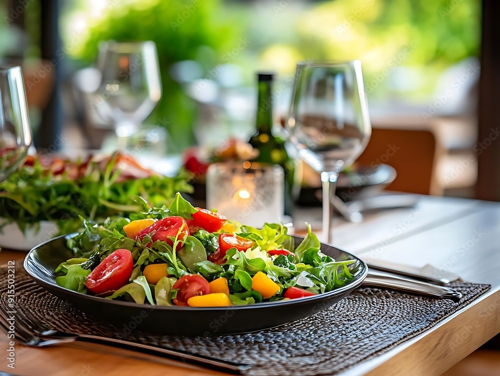 Delicious Salad with Tomatoes and Greens on a Table with Wine Glasses - Food Photography Delicious Salad with Tomatoes and Greens on a Table with Wine Glasses - Food Photography