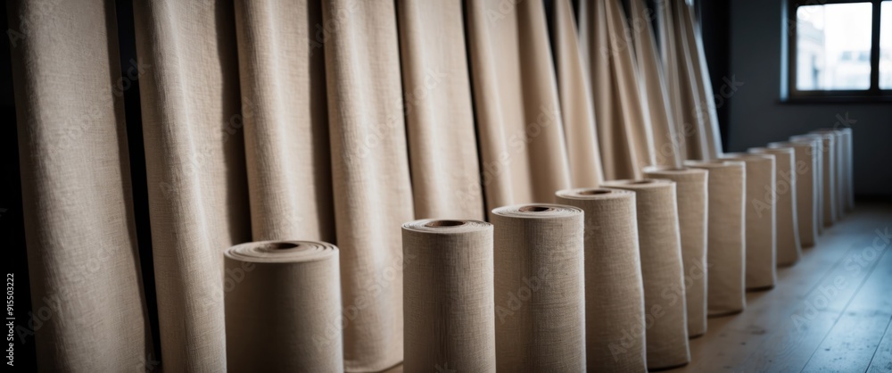 Image showcases neatly arranged rolls of neutral fabric in a clean, bright workshop setting