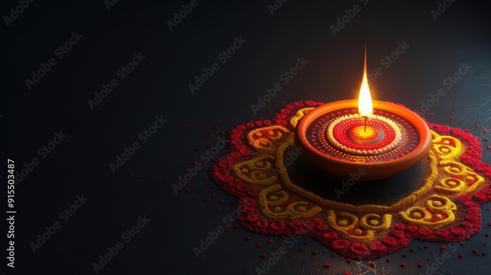 Angle view of awesome terracotta lamp with red yellow and white rangolis on black background and copy space