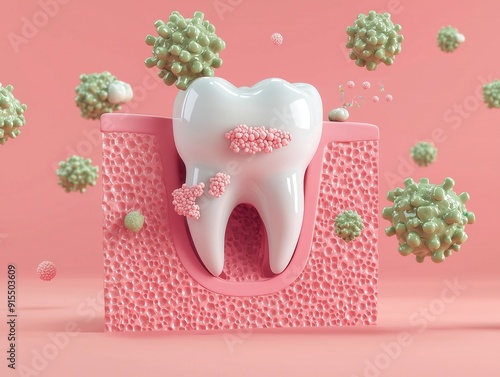 3D illustration of tooth and harmful bacteria with gum tissue, representing dental care and hygiene on a pink background. photo