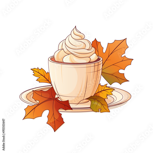 Vector illustration of hot coffee with whipped cream. Composition with autumn leaves. Warm fall, cozy home concept. 
