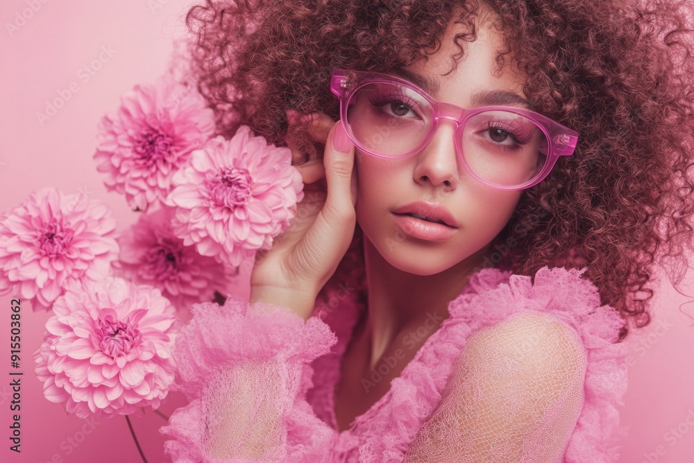 Radiant Young Woman in Pink Glasses Holding a Blossom Amidst a Soft Pink Ambiance, Exuding Warmth and Playfulness Radiant Young Woman in Pink Glasses Holding a Blossom Amidst a Soft Pink Ambiance, Exuding Warmth and Playfulness