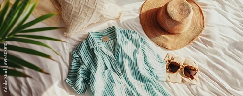 Striped Shirt, Straw Hat, and Sunglasses on White Bed - Photo