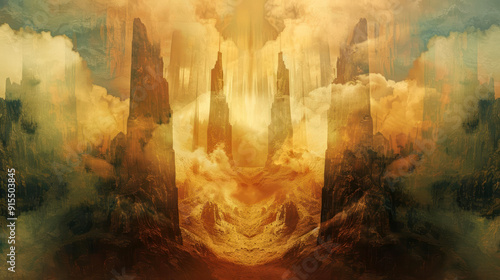 Ascent and Descent of the Human Spirit  A double exposure conceptual landscape with the majestic Elysian Spires reaching towards the heavens and the ominous Tartarean Chasms descen photo