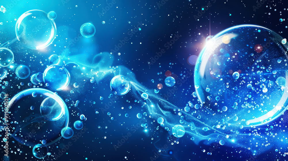 Naklejka premium azure background with glass planets and bubbles floating in the air