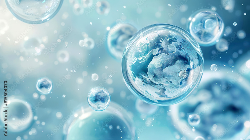 azure background with glass planets and bubbles floating in the air azure background with glass planets and bubbles floating in the air