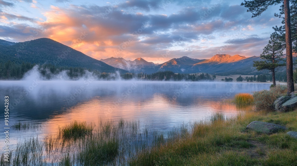Fototapeta premium Vallecito Lake at sunrise, with mist rolling over the water and mountains in the background