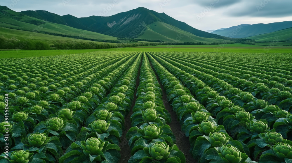 Vast agricultural field with rows of cabbage plants and green mountains in the background under a cloudy sky. Vast agricultural field with rows of cabbage plants and green mountains in the background under a cloudy sky.