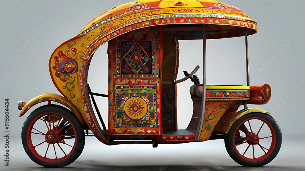 Naklejka premium A 3D cute cartoon style Indian rickshaw with exaggerated wheels and bright, cheerful colors, set against a simple background