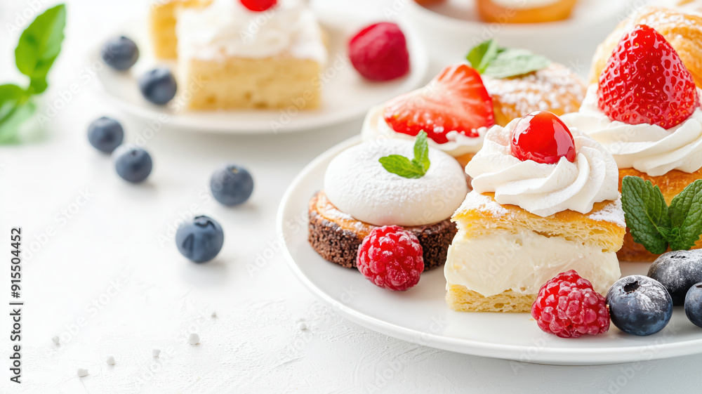 Variety of fresh, delicious desserts with strawberries and raspberries on white plates, perfect for summer treats and gatherings. Variety of fresh, delicious desserts with strawberries and raspberries on white plates, perfect for summer treats and gatherings.